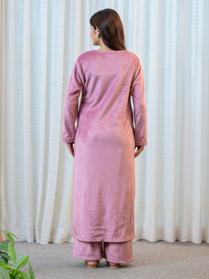 V Neck Super Soft Candy Pink Long Kurta woollen Set
