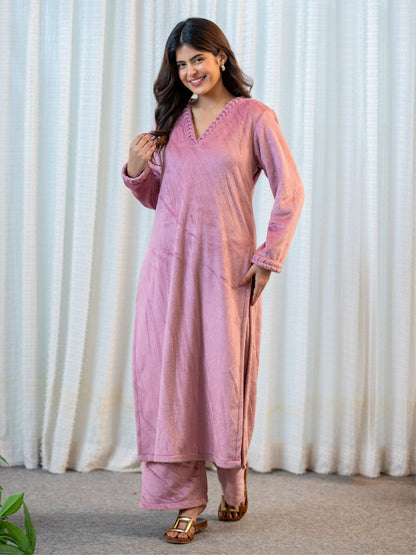 V Neck Super Soft Candy Pink Long Kurta woollen Set