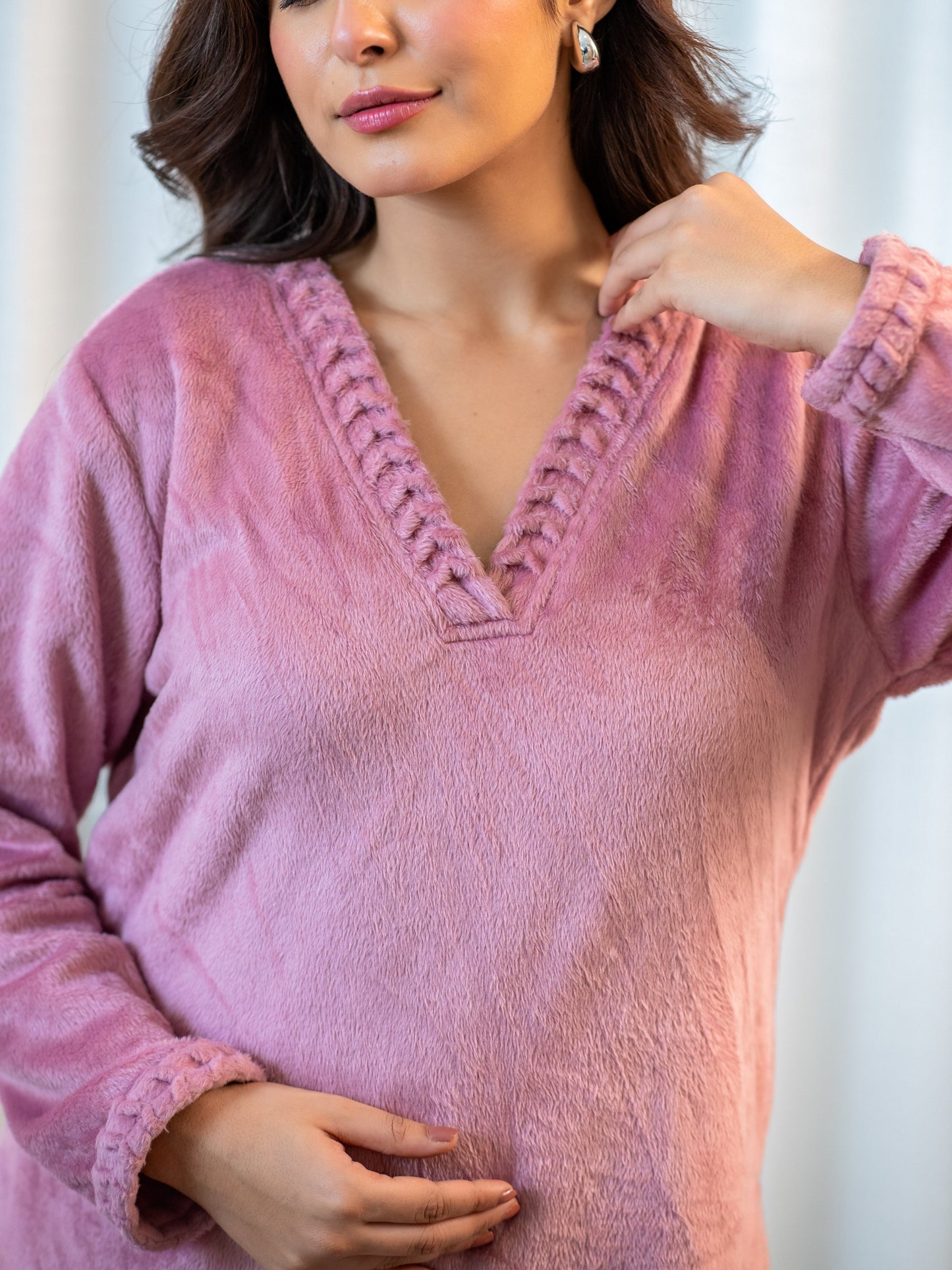 V Neck Super Soft Candy Pink Long Kurta woollen Set