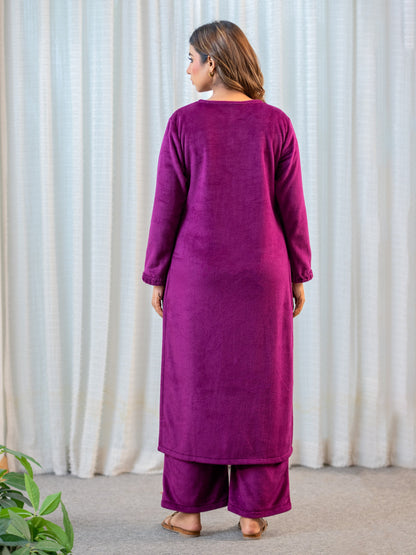 V Neck Super Soft Wine Long Kurta woollen Set