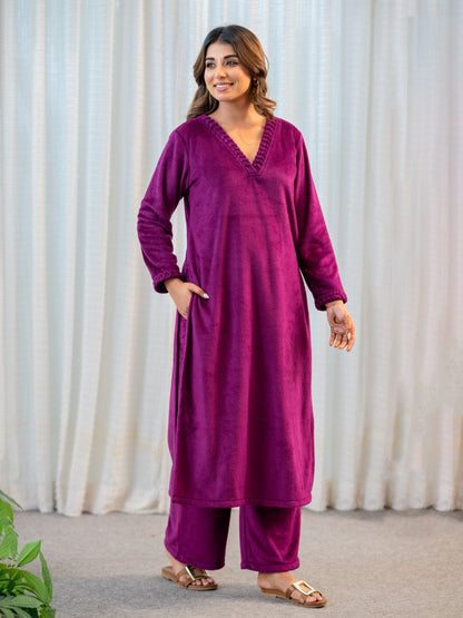 V Neck Super Soft Wine Long Kurta woollen Set