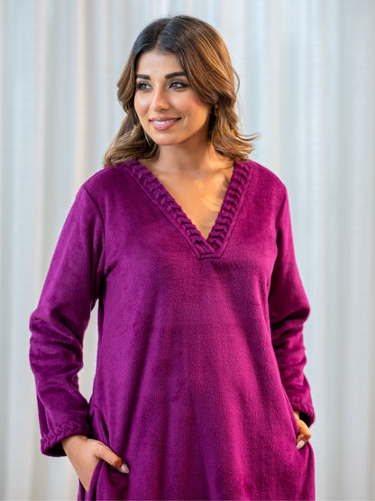 V Neck Super Soft Wine Long Kurta woollen Set