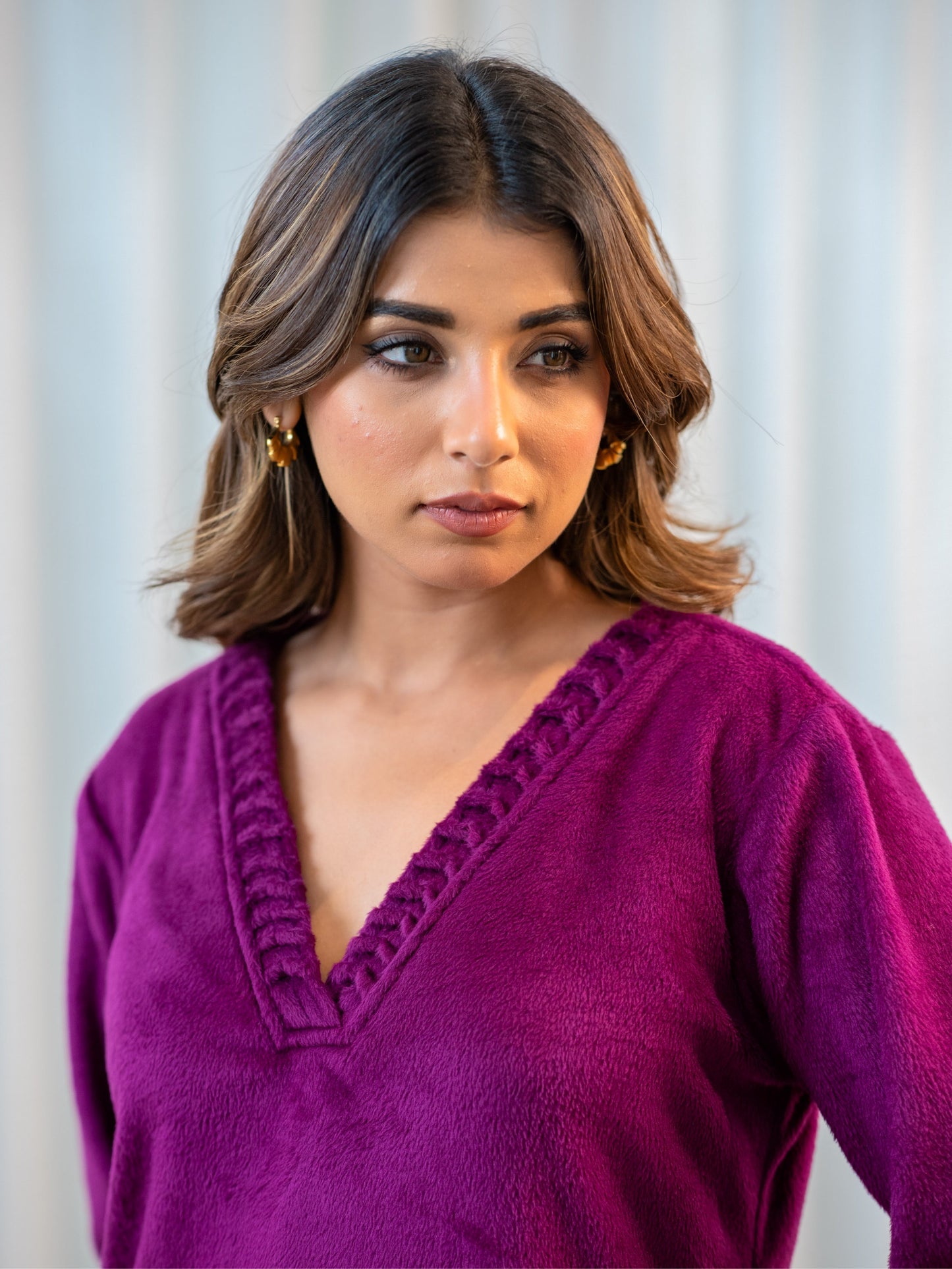 V Neck Super Soft Wine Long Kurta woollen Set