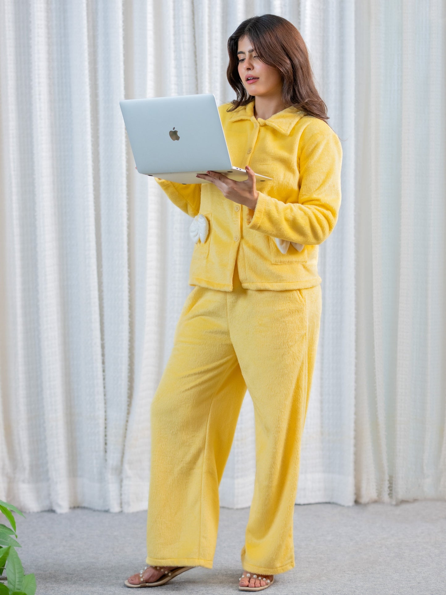 Pastel Yellow Super Soft Woollen Bow Pajama Set