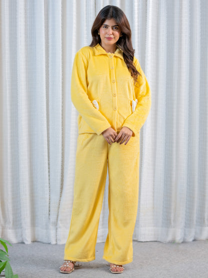 Pastel Yellow Super Soft Woollen Bow Pajama Set