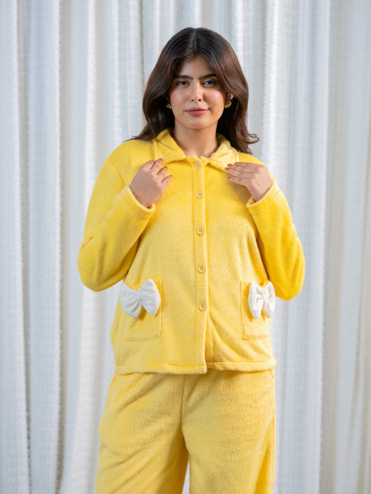 Pastel Yellow Super Soft Woollen Bow Pajama Set