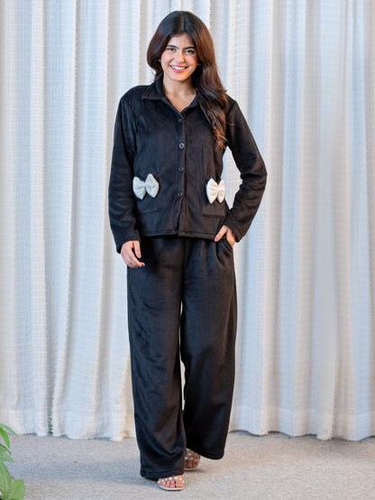 Black Super Soft Woollen Bow Pajama Set
