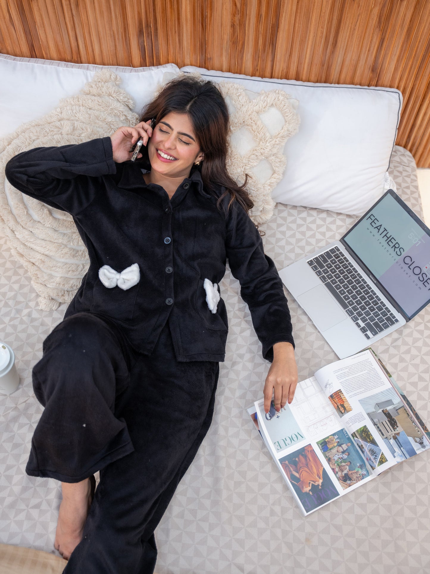 Black Super Soft Woollen Bow Pajama Set