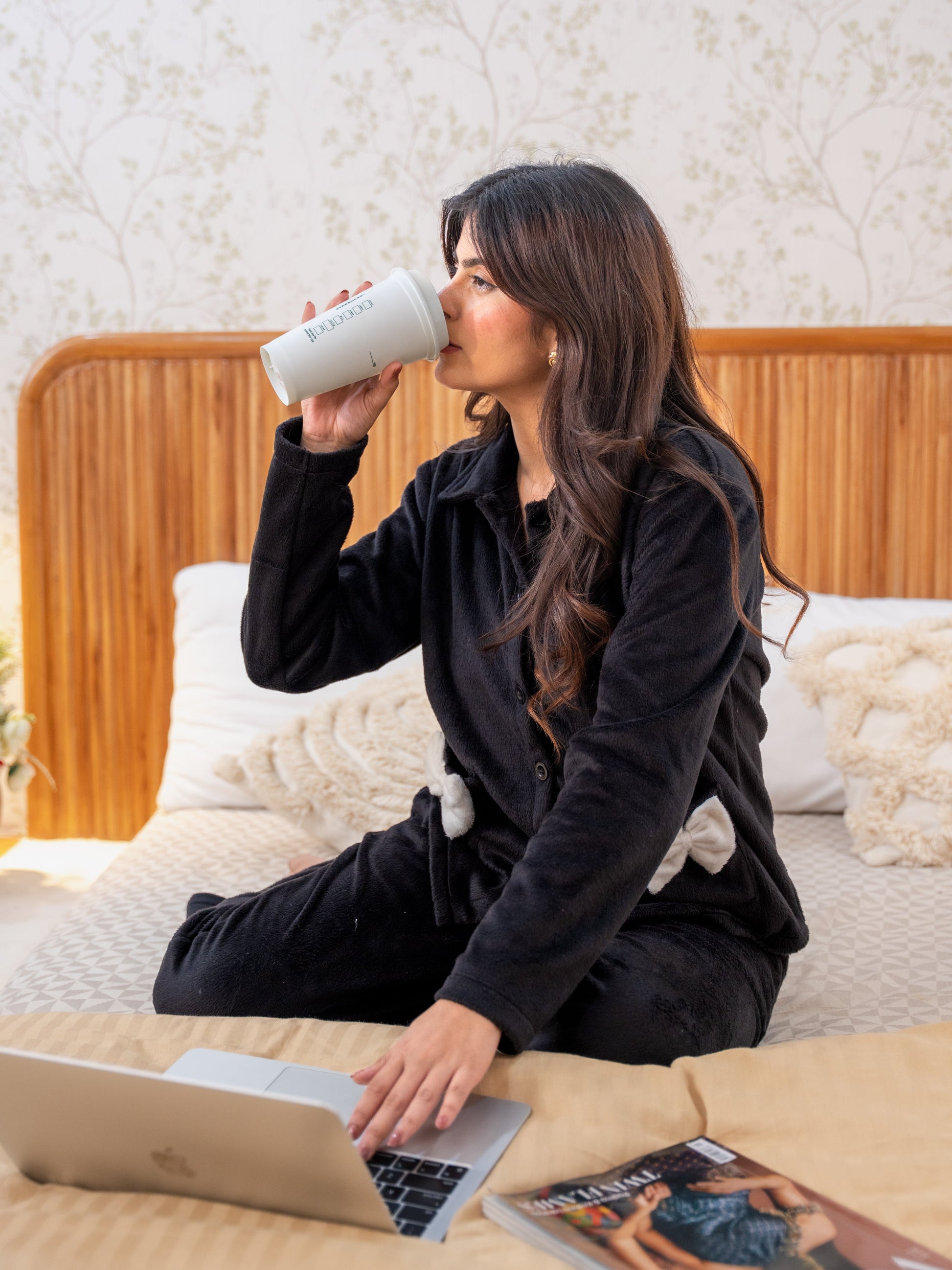 Black Super Soft Woollen Bow Pajama Set