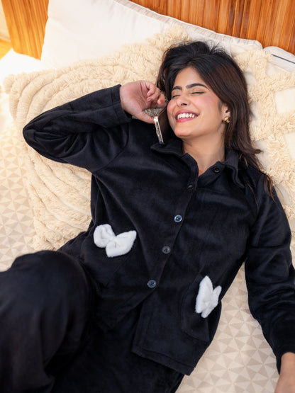 Black Super Soft Woollen Bow Pajama Set