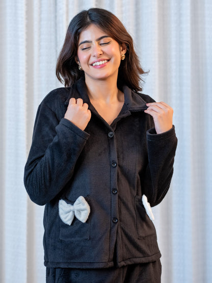 Black Super Soft Woollen Bow Pajama Set