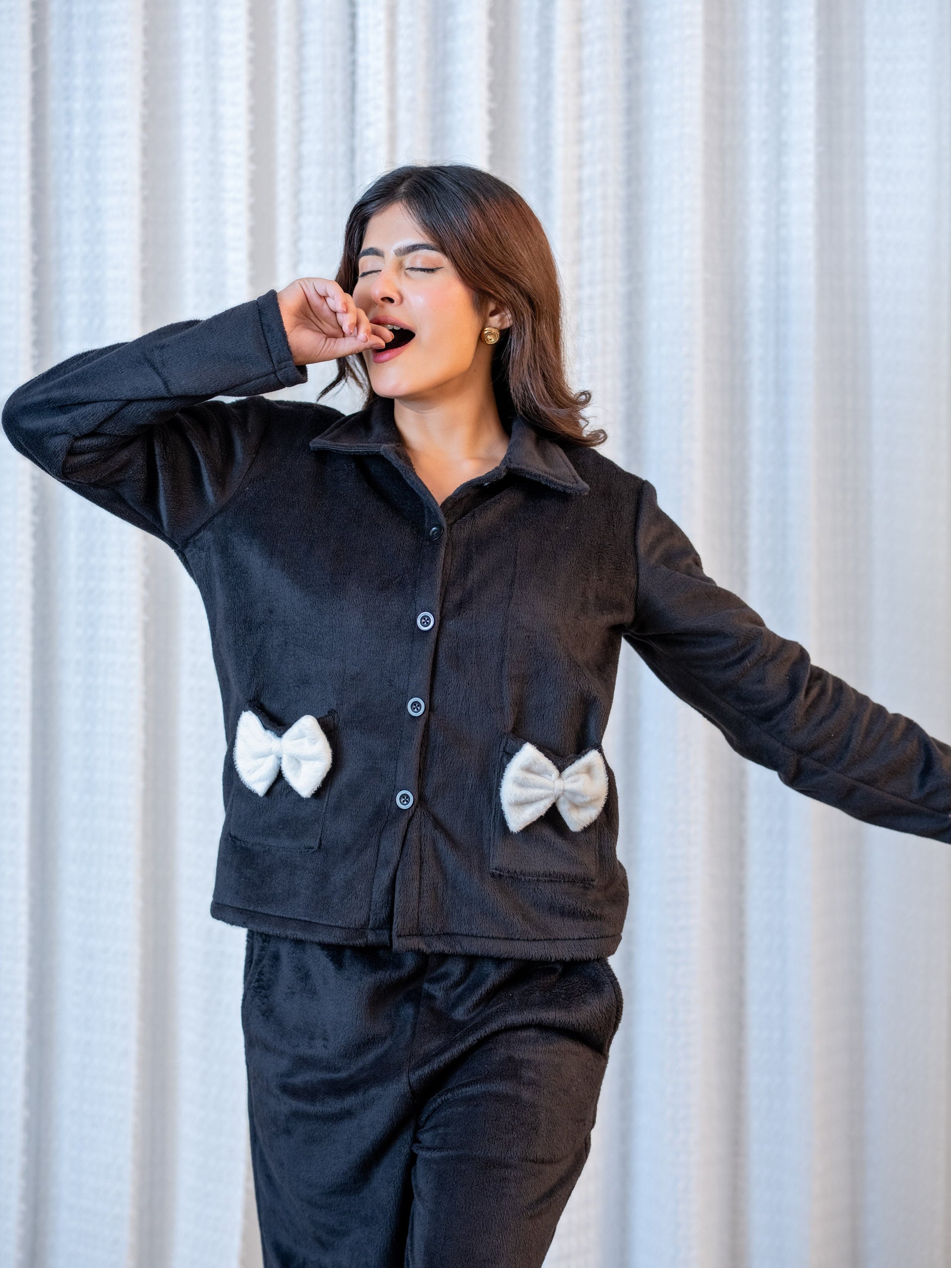 Black Super Soft Woollen Bow Pajama Set