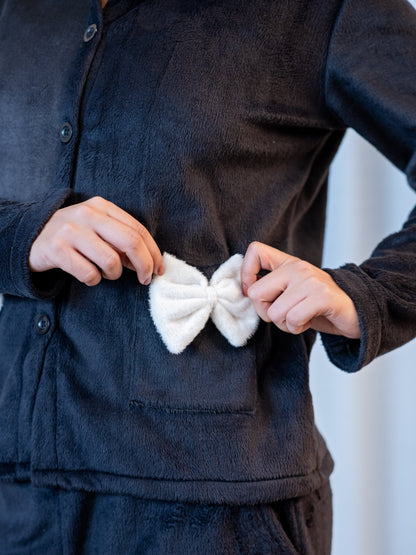 Black Super Soft Woollen Bow Pajama Set
