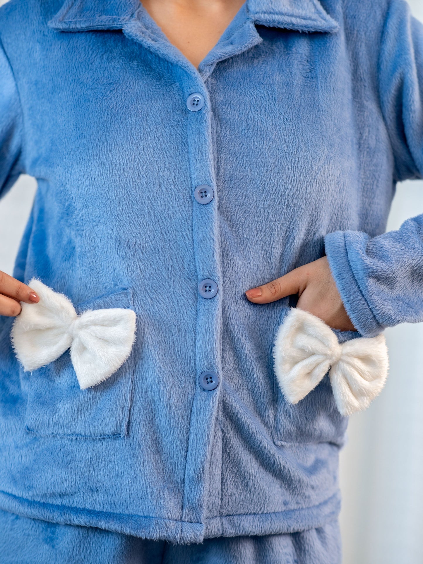 Light Blue Super Soft Woollen Bow Pajama Set