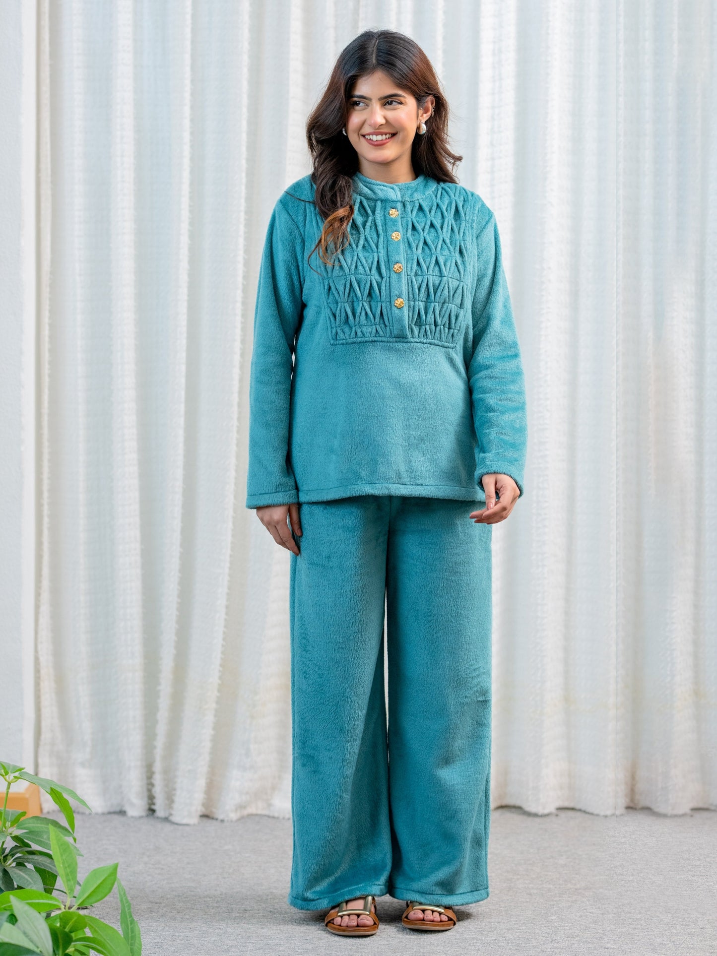 Super Soft Sea Green Classic Pleated Woollen Set