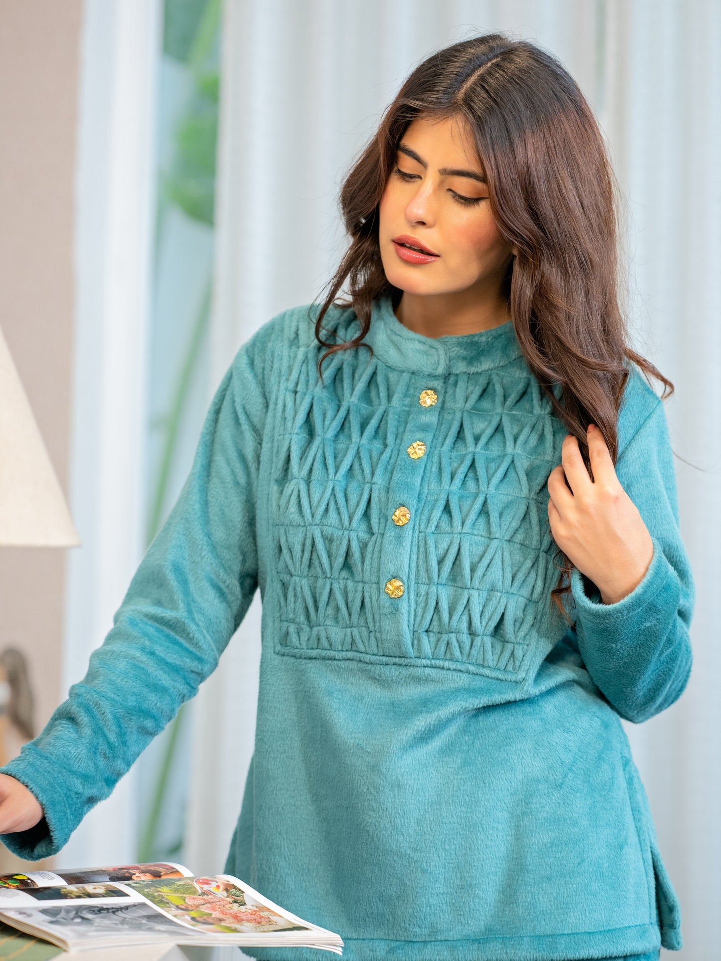 Super Soft Sea Green Classic Pleated Woollen Set