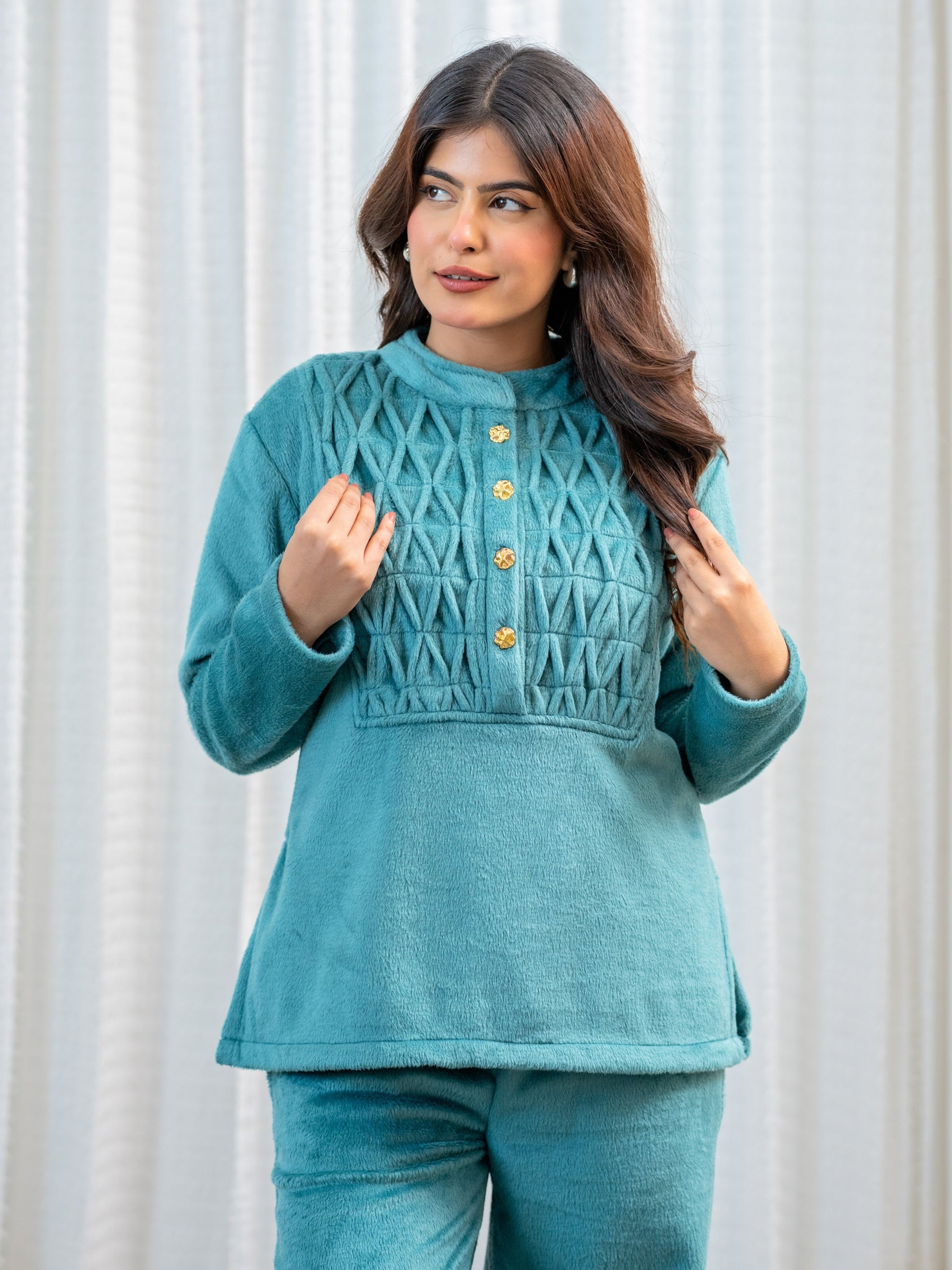 Super Soft Sea Green Classic Pleated Woollen Set