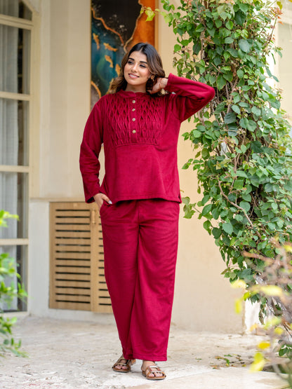 Super Soft Maroon Classic Pleated Woollen Set
