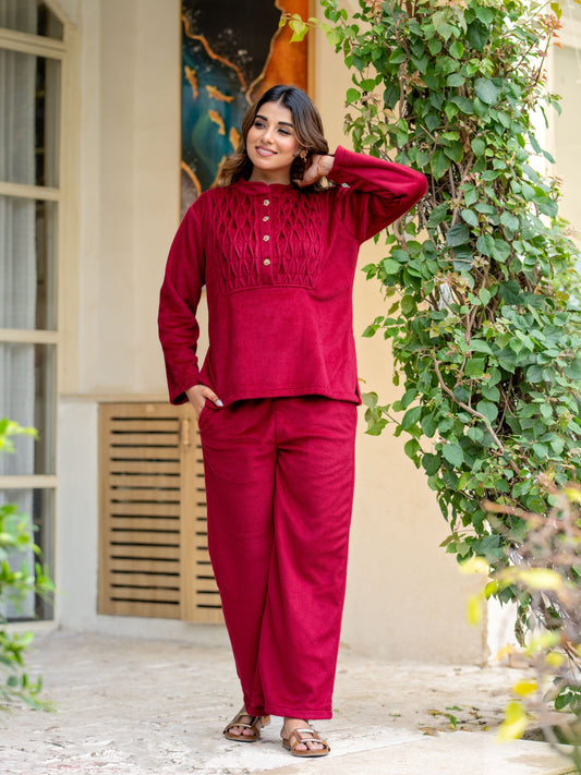Super Soft Maroon Classic Pleated Woollen Set