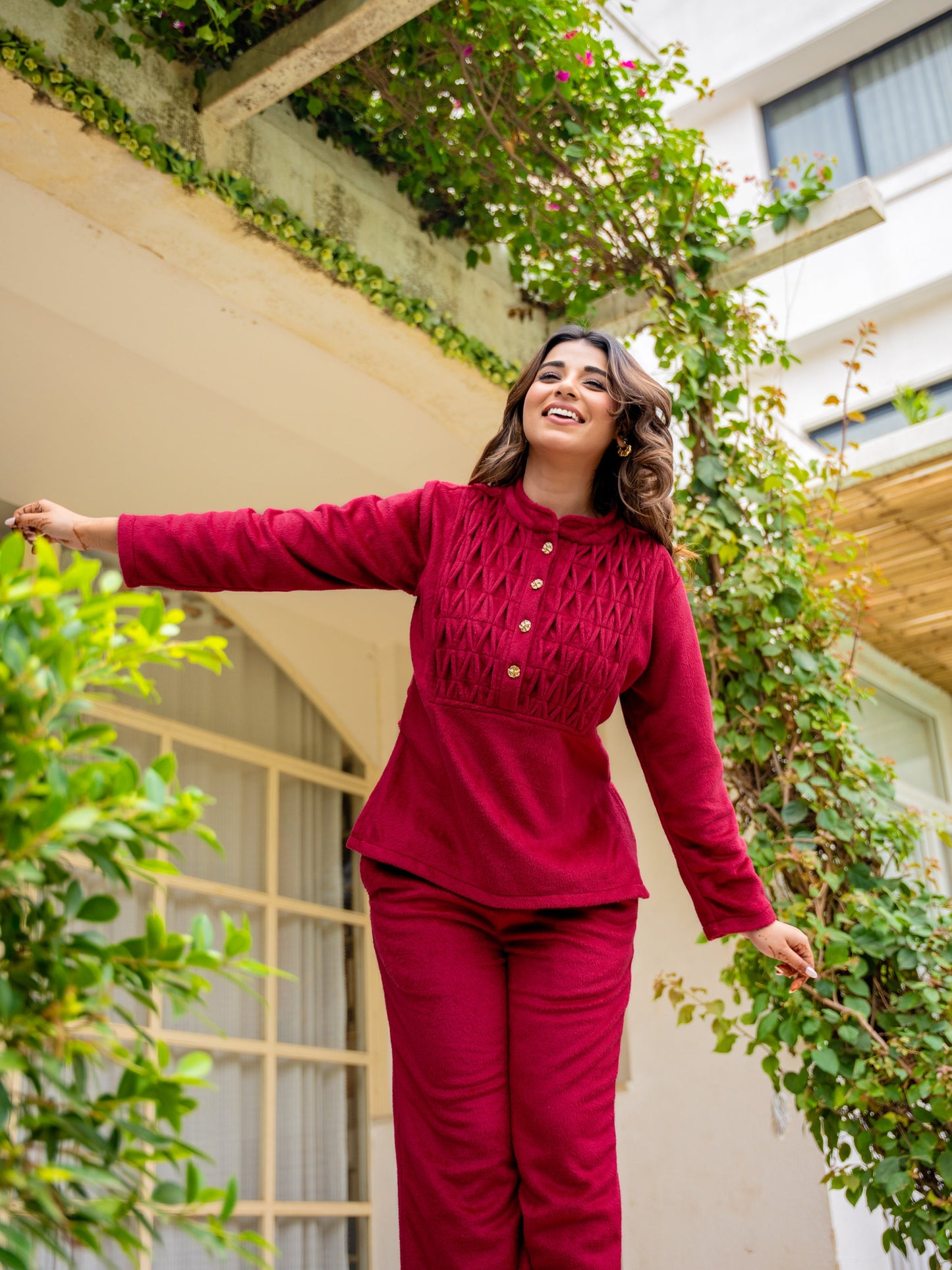 Super Soft Maroon Classic Pleated Woollen Set