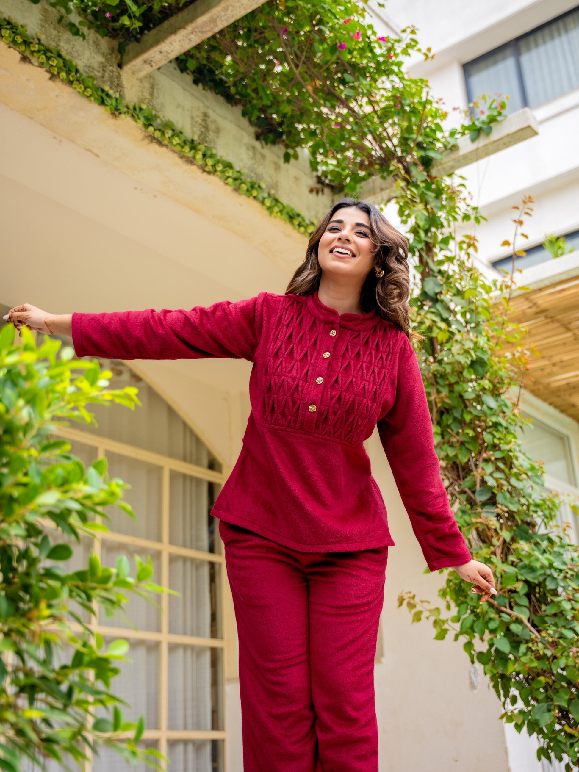 Super Soft Maroon Classic Pleated Woollen Set