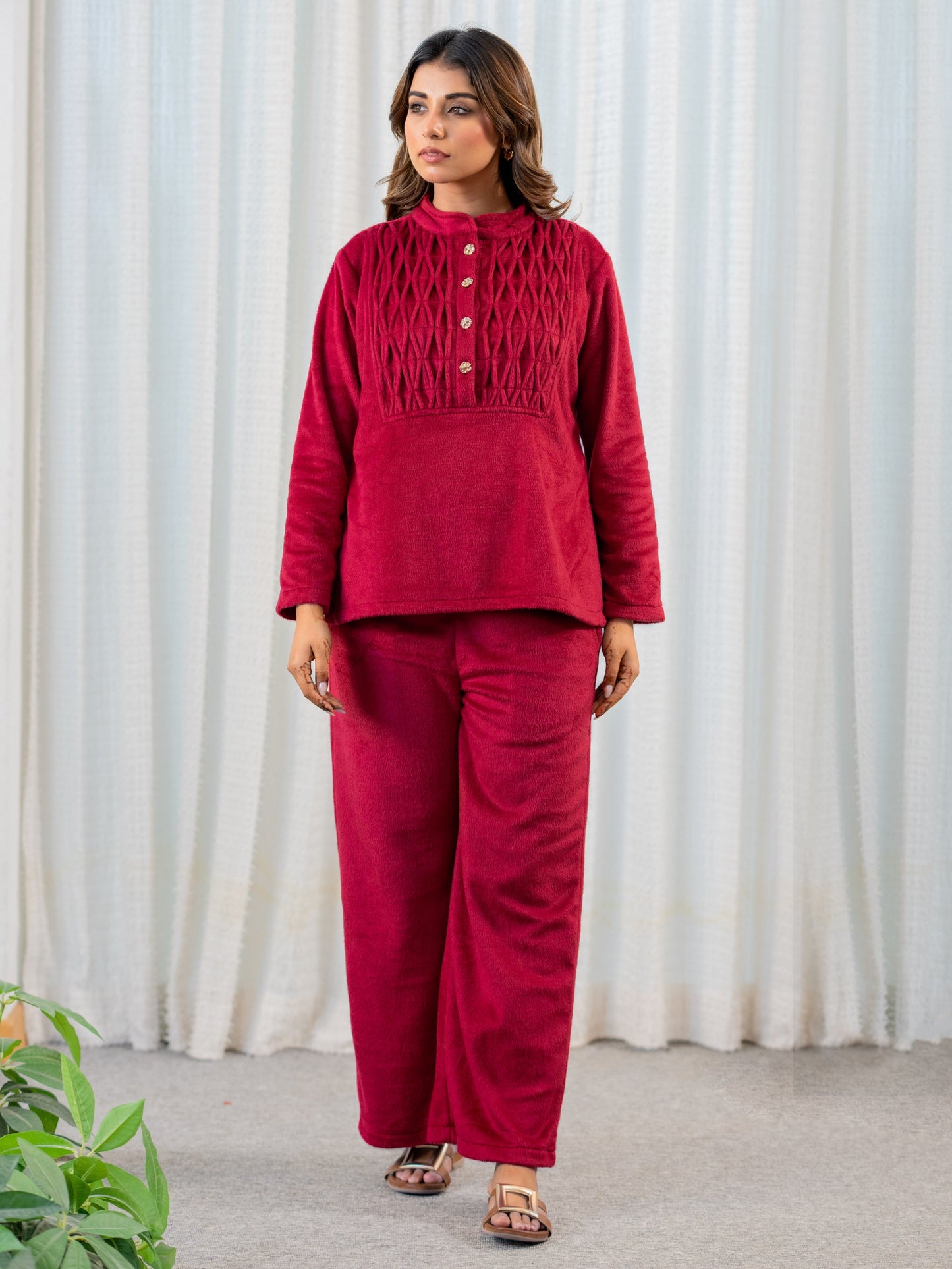Super Soft Maroon Classic Pleated Woollen Set