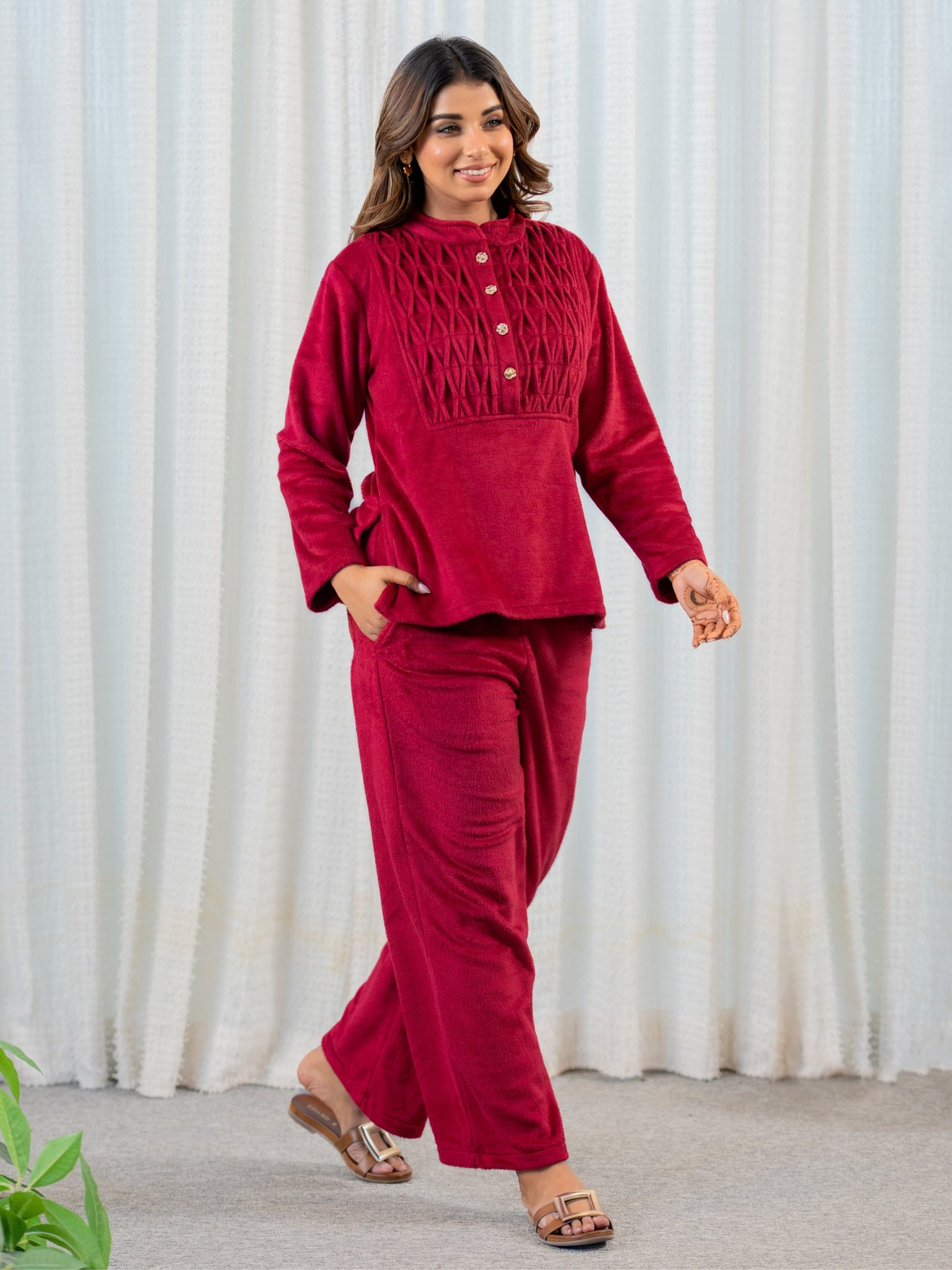 Super Soft Maroon Classic Pleated Woollen Set