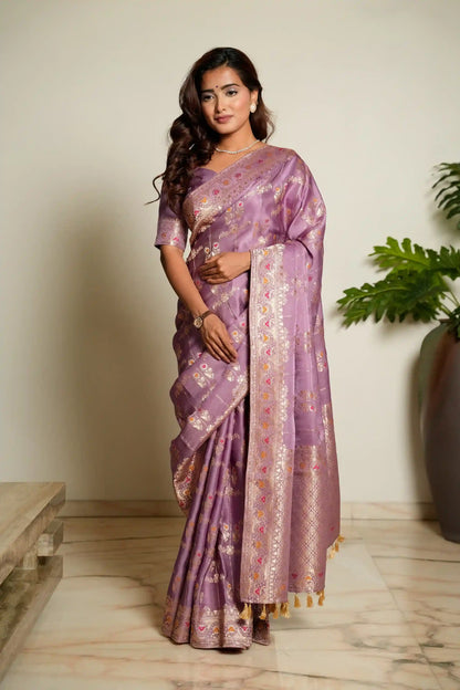 Lavender Purple Woven Banarasi Organza Satin Silk Saree with Tissue Zari