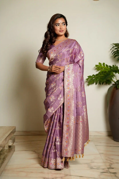Lavender Purple Woven Banarasi Organza Satin Silk Saree with Tissue Zari