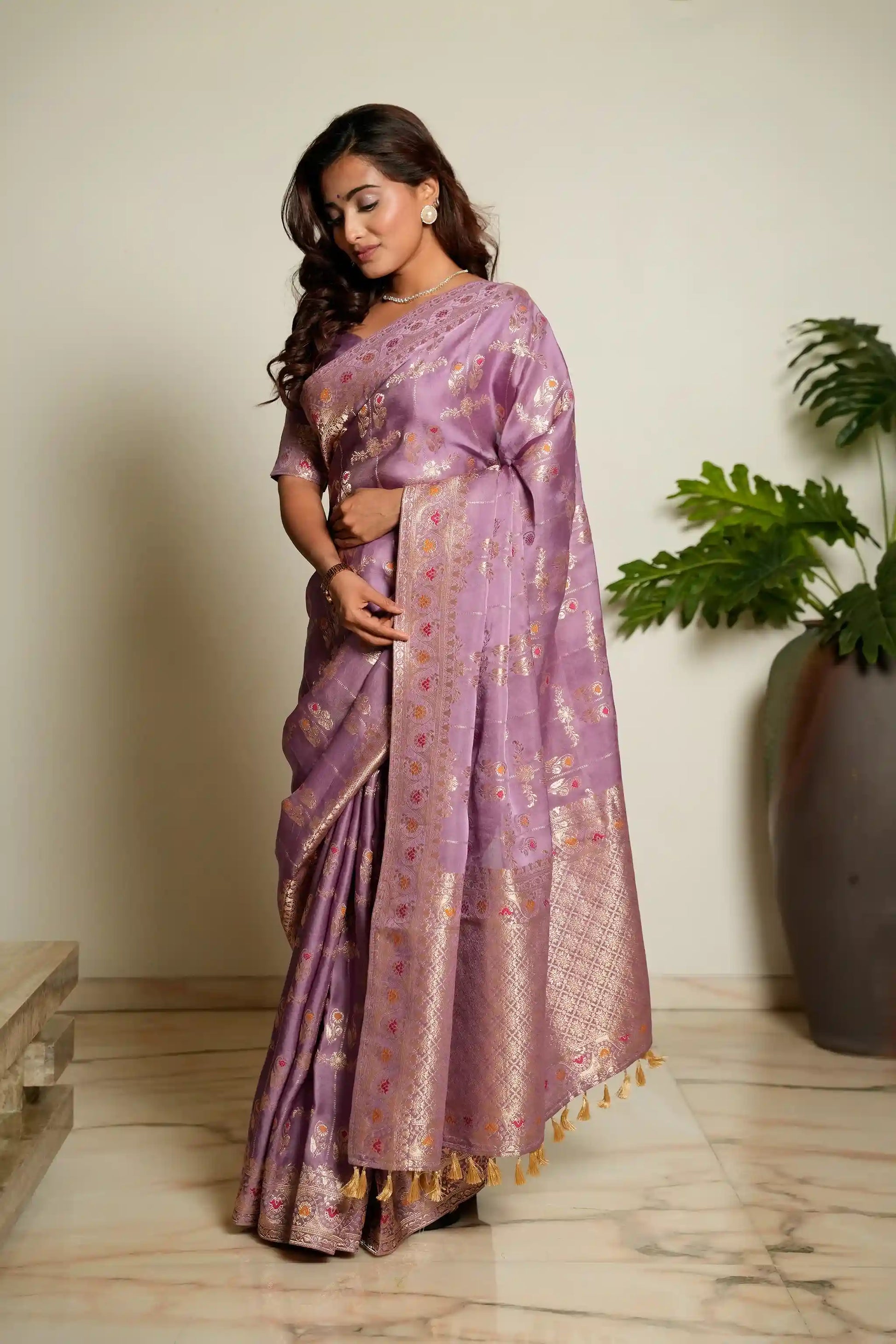 Lavender Purple Woven Banarasi Organza Satin Silk Saree with Tissue Zari