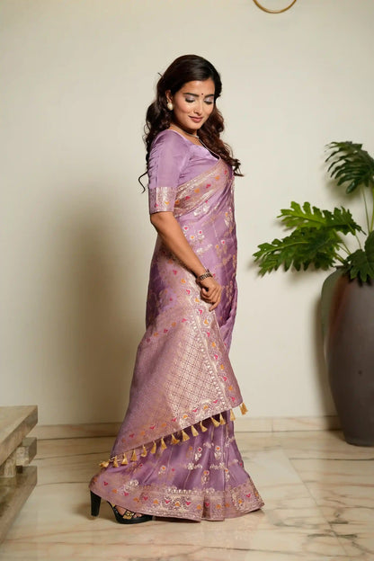 Lavender Purple Woven Banarasi Organza Satin Silk Saree with Tissue Zari