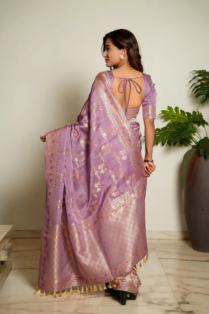 Lavender Purple Woven Banarasi Organza Satin Silk Saree with Tissue Zari