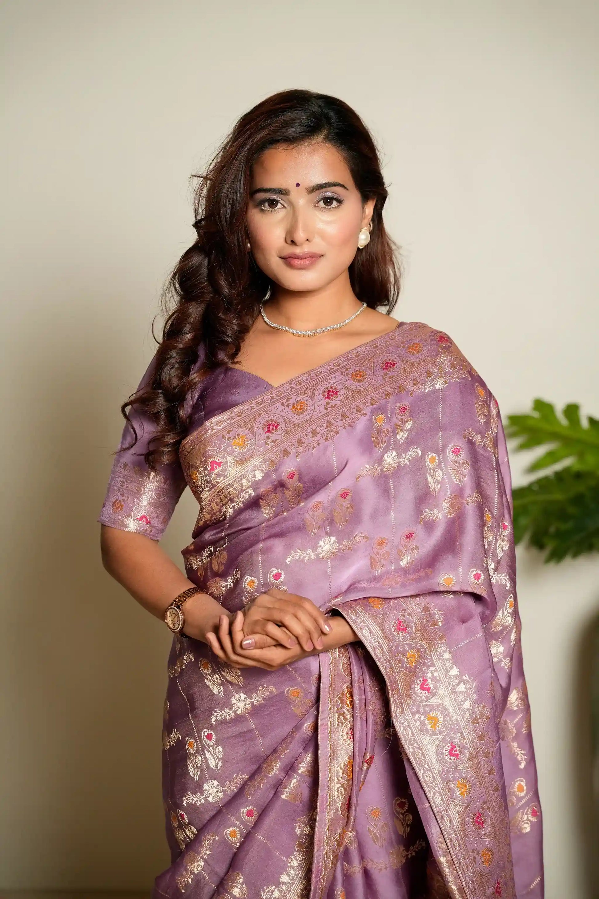 Lavender Purple Woven Banarasi Organza Satin Silk Saree with Tissue Zari