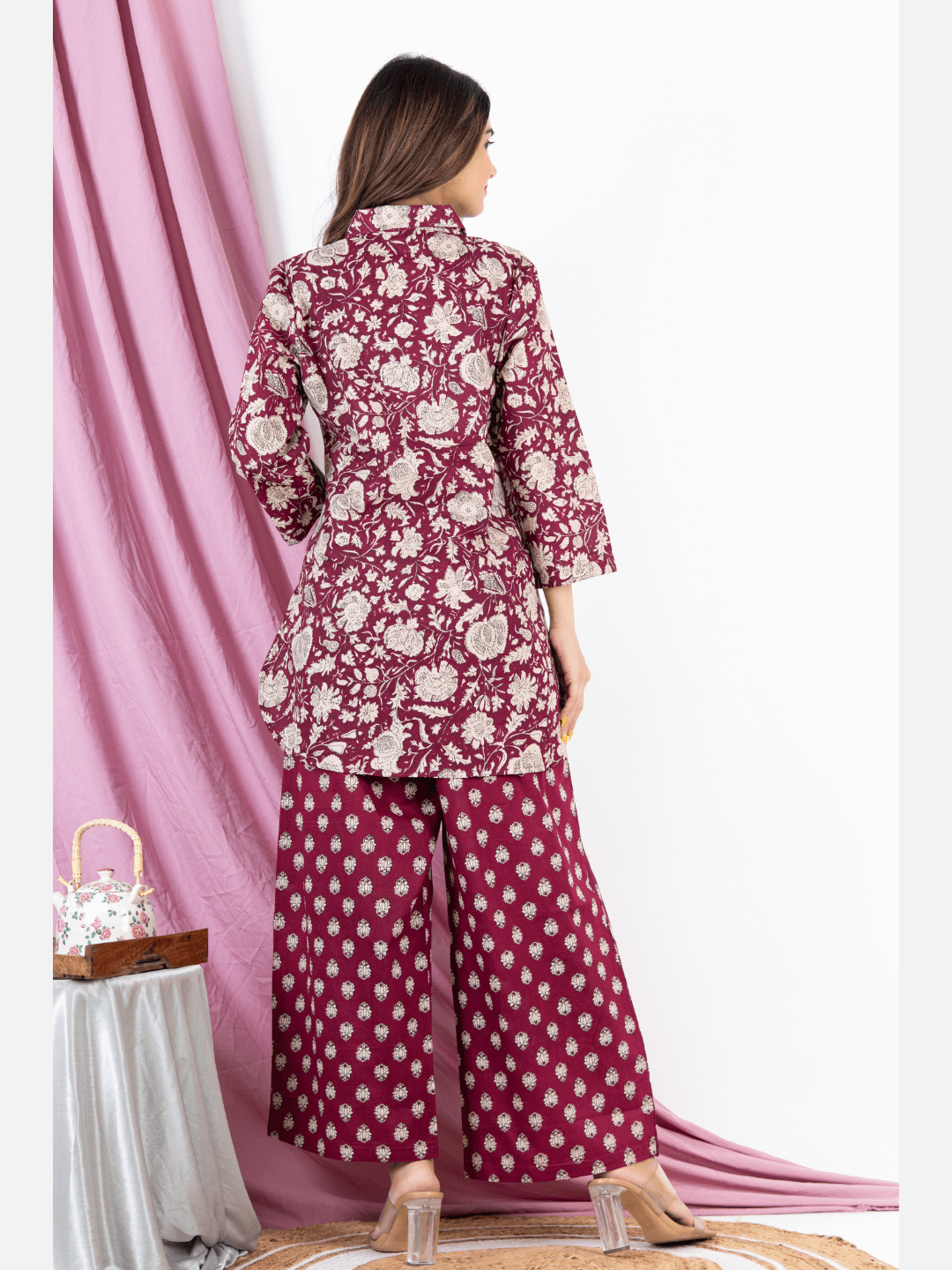 Burgundy Pure Cotton Collared Loungewear