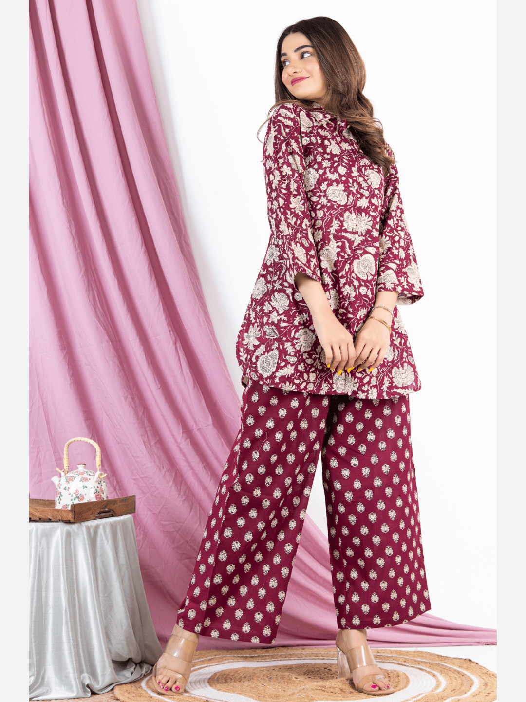 Burgundy Pure Cotton Collared Loungewear