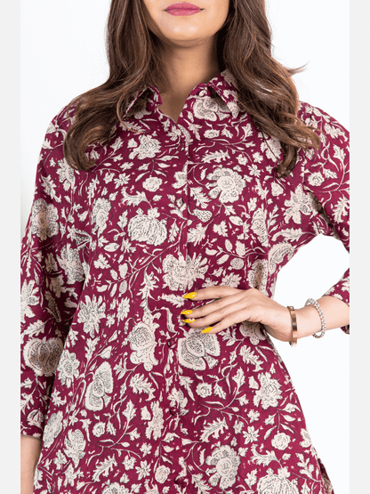 Burgundy Pure Cotton Collared Loungewear
