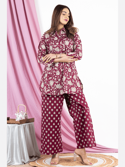 Burgundy Pure Cotton Collared Loungewear