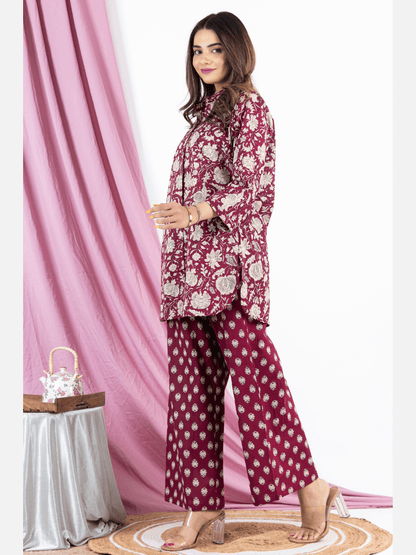 Burgundy Pure Cotton Collared Loungewear