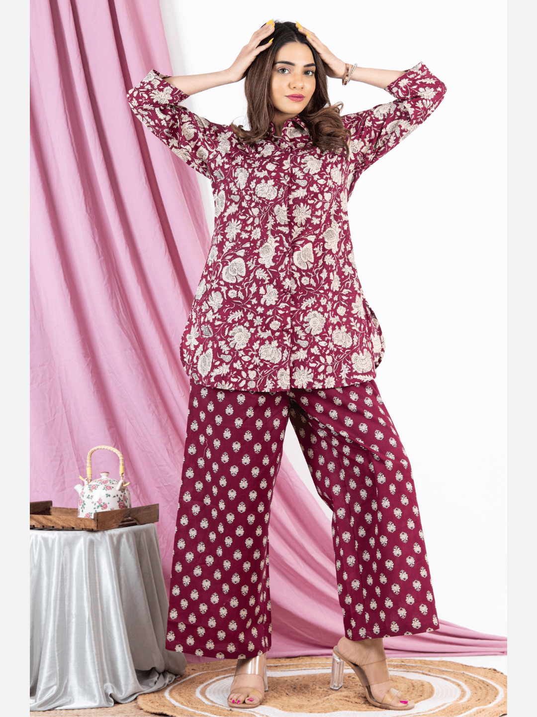 Burgundy Pure Cotton Collared Loungewear