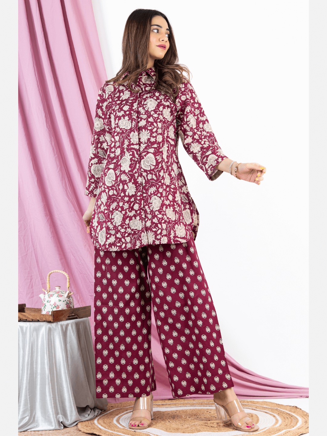 Burgundy Pure Cotton Collared Loungewear