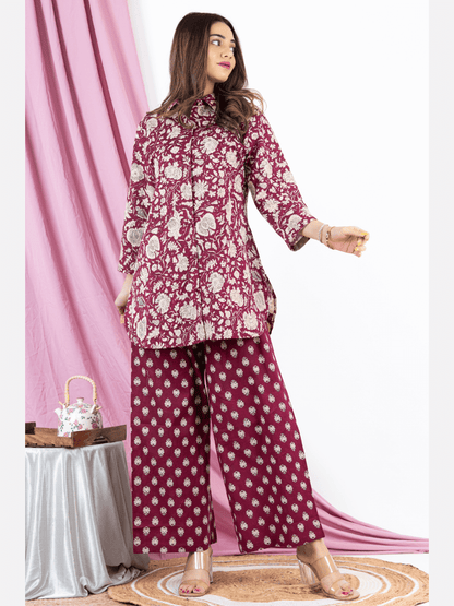 Burgundy Pure Cotton Collared Loungewear