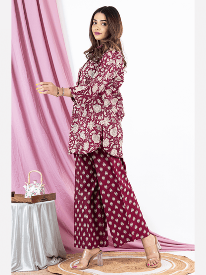 Burgundy Pure Cotton Collared Loungewear